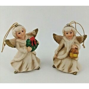 Homco Angel Girls Christmas Ornaments Set of 2 Porcelain Hand Painted #5103 Vtg